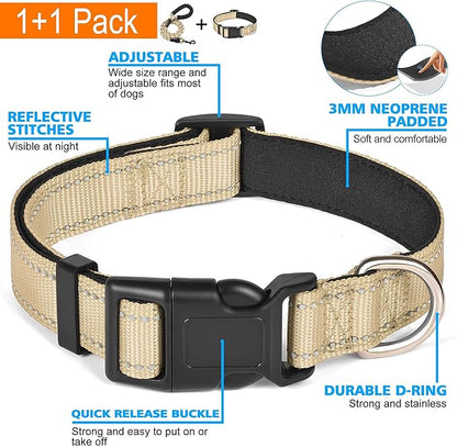 Ladoogo Reflective Dog Collar Padded with Soft Neoprene Breathable Adjustable Nylon Dog Collars for Small Medium Large Dogs (Large (Pack of 1), Vanilla Collar+Leash)