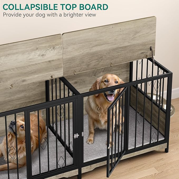 YITAHOME 71" Double Dog Crate Furniture with Divider, Wooden Large Dog Kennel with Flip-Top&4 Rotatable Bowls&2 Cushions, Dog Crate Furniture TV Stand for Medium Large Dogs, Grey