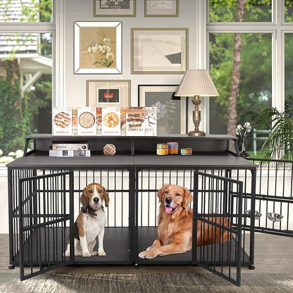 72 Inch Dog Crate Furniture for 2 Dogs, Wooden Dog Kennel Furniturewith Storage Shelf & Bowls, Heavy Duty Dual Dog Kennel End Table, Sturdy Dog Cage Furniture Dog Crate with Divider