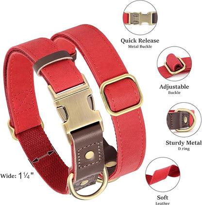 Didog Soft PU Leather Dog Collar for Large Dogs,Classic Adjustable Wide Dog Collars with Quick Release Metal Buckle,Easy Clean and Comfortable with Nylon Lining,Red,XL Neck 20-27", Width 1¼"
