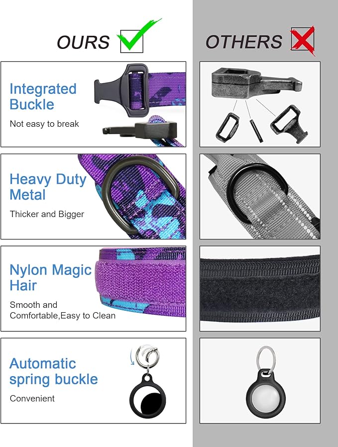 Hotsky Tactical Dog Collar, Adjustable Military Training Nylon Airtag Collar with Handle and Heavy Duty Metal Buckle for Medium Large Dogs, with Airtag Holder and Two Patches（Purple Camo,L）