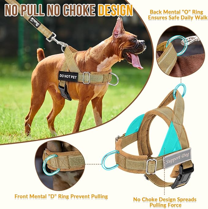 SlowTon No Pull Dog Harness - Heavy Duty Dog Harness and Leash Set for Medium Large Dogs, Reflective Tactical Harness with Soft Padded and Front Clip for Easy Walk and Training (Tan S)
