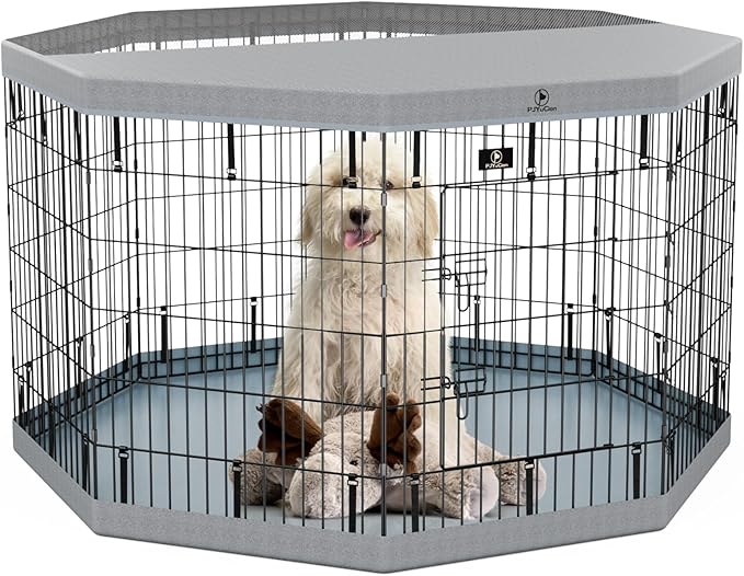 PJYuCien Dog Playpen with Top Cover and Bottom Pad - Metal Foldable Exercise Pen, 8 Panels 36" H x 24" W Indoor Outdoor Pet Fence Puppy Crate Kennel, Gray