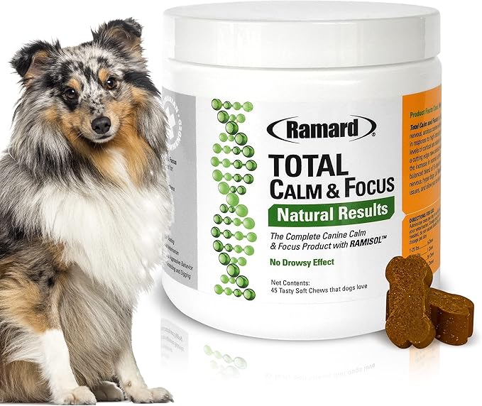 Ramard Total Calm & Focus Dog Treat Supplement - Natural Calming Chews with Magnesium & B-Vitamins - 45 Soft Chews for Canine Calmness During Training, Grooming, and Everyday Enjoyment