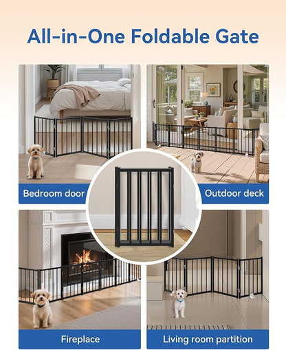 BFNN Metal Short Dog Gate, 16.5" High to Step-Over, Free Standing Foldable Pet Gate, Up to 96" Wide Puppy Fence for Stairs and Doorways, Indoor & Outdoor Use, No Drilling and No Assembly, Black