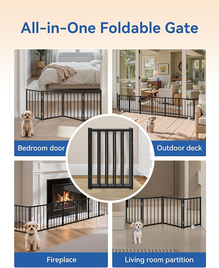 BFNN Metal Short Dog Gate, 16.5" High to Step-Over, Free Standing Foldable Pet Gate, Up to 72" Wide Puppy Fence for Stairs and Doorways, Indoor & Outdoor Use, No Drilling and No Assembly, Black