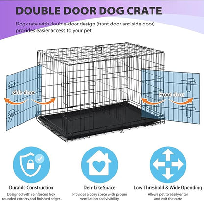 BestPet | Dog Crate | 48" | Black | Foldable Metal Kennel with Double Doors, Secure Slide-Bolt Latches, Leakproof Tray | Portable Dog Cage for Large Breeds | for Travel, Indoor & Outdoor Use