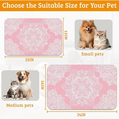 Pet Feeding Mat,Boho Mandala Absorbent Dog Cat Food Mat Pink Flower Dog Mat with Rubber Backing,Non-Slip Water Bowl Placemat,Pet Supplies 12" x 20"