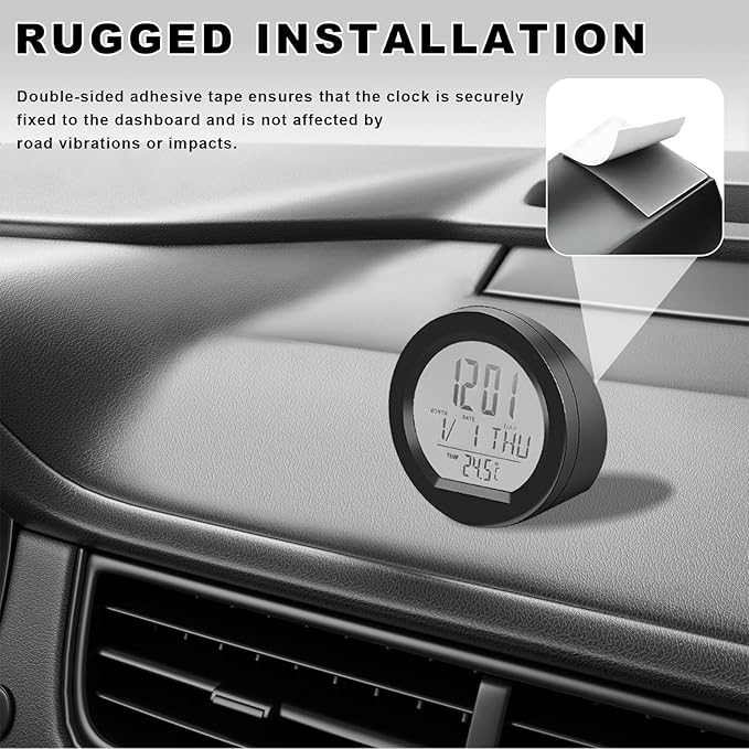 Car Digital Thermometer Clock, Solar Powered Mini Dashboard Clock with Date & 12/24 Hour Format Time, Adhesive LCD Display Watch with Backlight for Vehicle Office Home