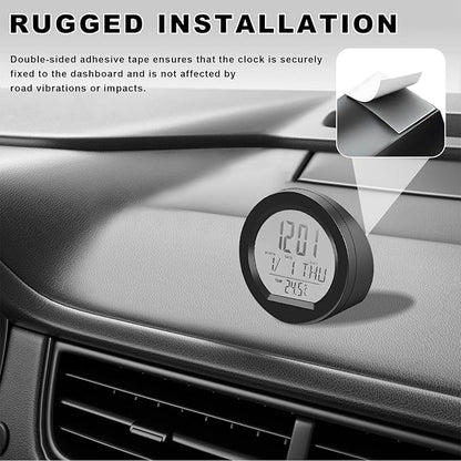 Car Digital Thermometer Clock, Solar Powered Mini Dashboard Clock with Date & 12/24 Hour Format Time, Adhesive LCD Display Watch with Backlight for Vehicle Office Home