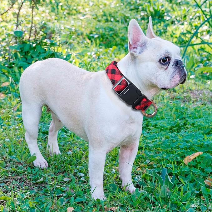 Ladoogo Reflective Dog Collar Padded with Soft Neoprene Breathable Adjustable Nylon Dog Collars for Small Medium Large Dogs (Large (Pack of 1), Red Plaid Collar+Leash)