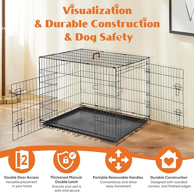 Sweetcrispy 48 Inch Dog Crate, Medium Large Crates Double Door Folding Metal Wire Dog Cage with Plastic Leak-Proof Pan Tray, Pet Kennel for Indoor, Outdoor, Travel
