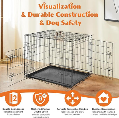 Sweetcrispy Dog Crate, 42 Inch Double Door Folding Metal Wire Dog Cage with Plastic Leak-Proof Pan Tray, Large XL Pet Kennel for Indoor, Outdoor, Travel