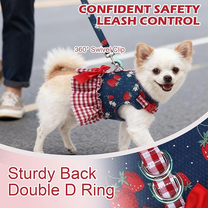 EXPAWLORER Dog Harness Small Medium Sized Dogs, Plaid Dog Dress Bowknot Harness and Leash Set, No Choke No Pull Soft Mesh Vest Cute Princess Puppy Outfits Clothes Costume for Girls Party Cats Navy XS