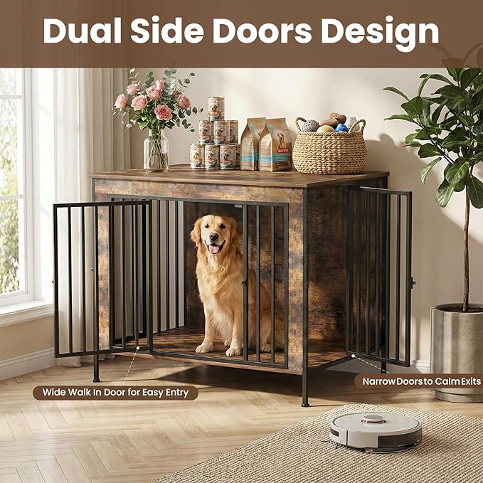 Dog Crate Furniture Heavy Duty for Large Dog, Sturdy Indoor Kennel Table with Dual Doors, Elevated Robot Vacuum Friendly Base, Decorative Cage TV Stand & End Table, Rustic Brown