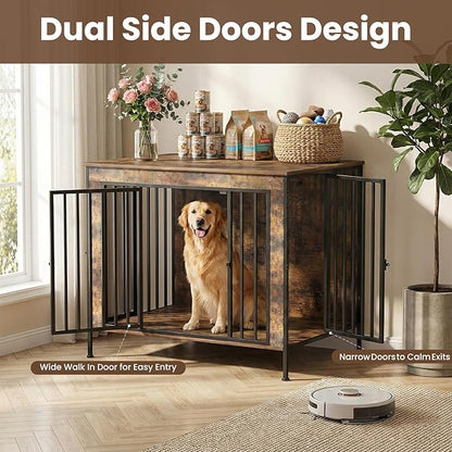 Dog Crate Furniture Heavy Duty for Large Dog, Sturdy Indoor Kennel Table with Dual Doors, Elevated Robot Vacuum Friendly Base, Decorative Cage TV Stand & End Table, Rustic Brown