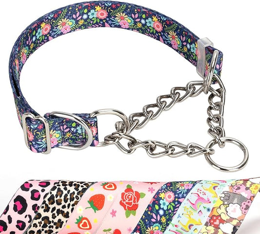 Martingale Collar for Dogs with Chain,Adjustable Nylon Floral Slip No Pull Training Dog Collars for Medium, Large & XL Dogs(Floral M)