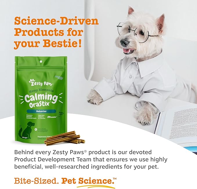 Zesty Paws OraStix for Dogs - Calming Dental Sticks for Stress with Hemp Melatonin Chamomile Dog Healthy Teeth and Gums Calm Composure for Fireworks and Thunderstorms - 12oz