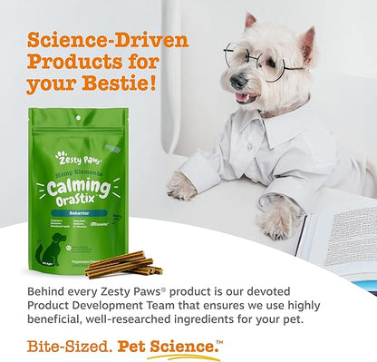 Zesty Paws OraStix for Dogs - Calming Dental Sticks for Stress with Hemp Melatonin Chamomile Dog Healthy Teeth and Gums Calm Composure for Fireworks and Thunderstorms - 12oz