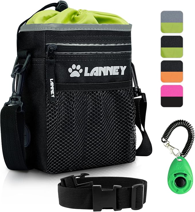 Dog Treat Pouch Pet Training Bag for Small to Large Dogs, Treat Tote Carry Kibble Snacks Toys for Training Reward Walking, Metal Clip, Waist belt, Shoulder Strap, Poop Bag Dispenser, Black with Green