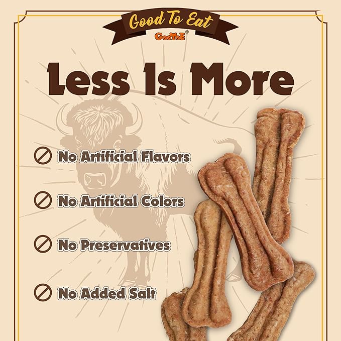 Gootoe Buffalo Dog Treats, Natural Low-Fat Chews for Training & Rewards, Limited Ingredient, Puppy Treats for Small Dogs & Puppies, Resealable Bag, Buffalo Bites Bone Shaped, 8 oz