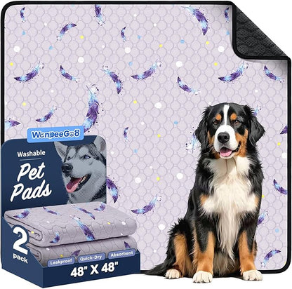 WanpeeGoo Washable Pee Pads for Dogs, 2Pack Reusable Puppy Pads, Super Absorbent & Leakproof Dog Pads, Anti-Slip Dog Pee Pads for Puppy Training & Incontinence, Feather Pattern 48"x48"