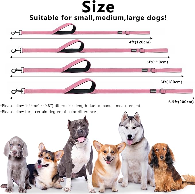 Dog Leash 5ft Long, Double Handle Dog Leash for Safety Control Training, Heavy Duty Dog Leads with Traffic Padded Handles, Reflective Leashes for Small Medium Large Dogs(5ft, Pink)