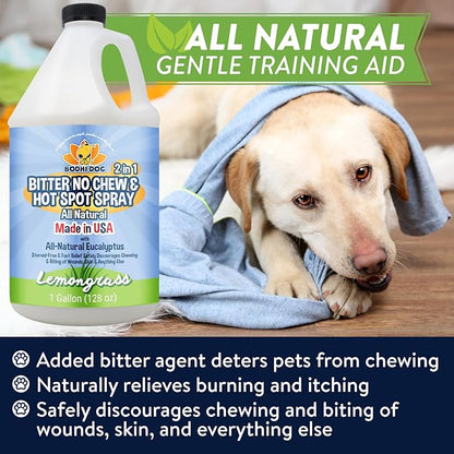 Bodhi Dog Bitter 2-in-1 No Chew & Hot Spot Spray - Natural Anti-Chew Remedy Better Than Bitter Apple - Soothes Hot Spots, Deters Chewing - Safe for Skin, Wounds & Furniture- Made in USA (128 Fl Oz)