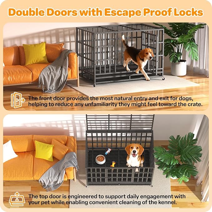 Hiwokk 42 Inch Heavy Duty Dog Crate, Indestructible Escape-Proof Dog Kennel for High Anxiety Large Dogs, Strong Metal Pet Cage with Double Doors, Lockable Wheels & Removable Tray, XL XXL XXXL
