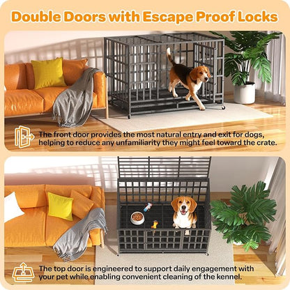 Hiwokk 42 Inch Heavy Duty Dog Crate, Indestructible Escape-Proof Dog Kennel for High Anxiety Large Dogs, Strong Metal Pet Cage with Double Doors, Lockable Wheels & Removable Tray, XL XXL XXXL
