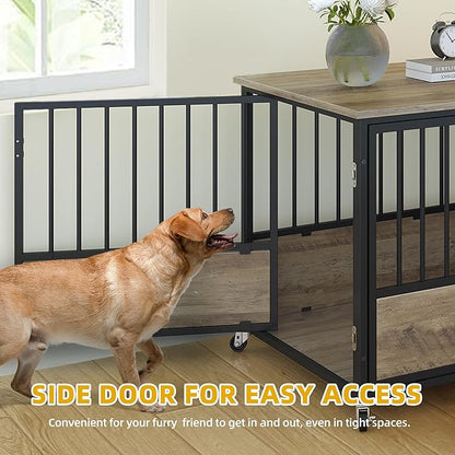 DWVO Dog Crate Furniture with Wheels, 43 Inch Dog Kennel Indoor Furniture End Table Dog Crate for Dogs, Farmhouse Decorative Wooden Dog Cage Table with Double-Doors, Chew-Resistant, Greige