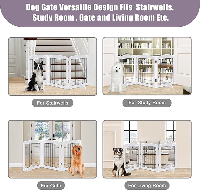 LZRS 3-Panel Freestanding Adjustable Wooden Dog Gate—30" Tall Foldable Pet Barrier with Support Feet, Chew-Resistant Solid Hardwood & Steel Wire Safety Fence for Doorways, Hallways, and Stairs, White