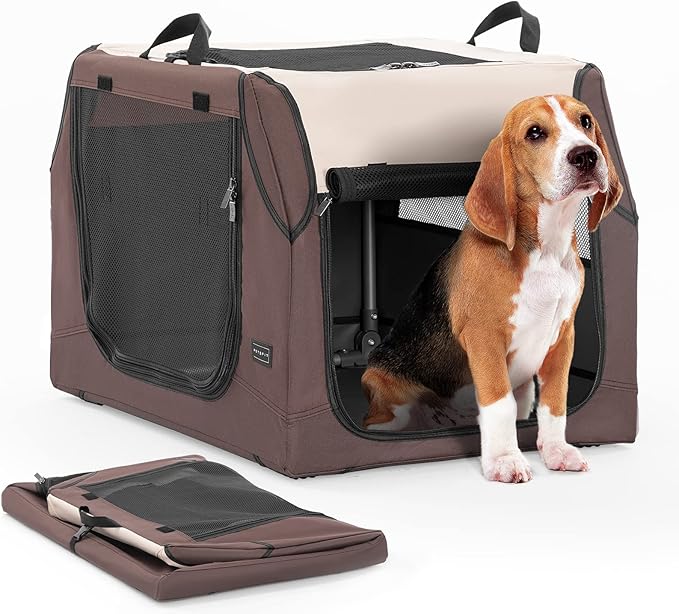 PETSFIT Soft Sided Dog Crate, Portable Dog Crate- 30 Inch Sturdy Adjustable Structure, Easy to Set Up, Collapsible Dog Car Crate, Light Tough with 3 Mesh Doors Brown