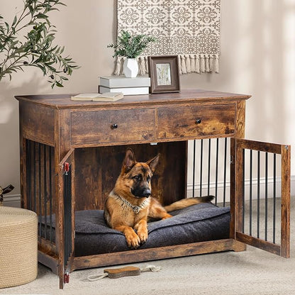 LEMBERI 44 Inch Large Dog Crate Furniture, Wooden Dog Kennel End Table with Storage Drawers, Decorative Pet Cage Dog House Indoor for Dogs, Brown