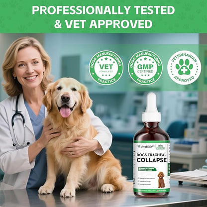 Dog Cough Treatment Liquid – Tracheal Collapse Support for Dogs – Herbal Drops with Slippery Elm, Mullein & Olive Leaf – Helps Soothe Throat, Calm Coughing & Support Breathing