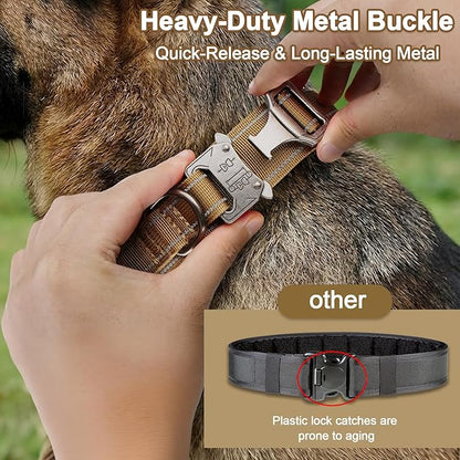 KCUCOP Tactical Dog Collar for Medium & Large Dogs - Military Nylon Heavy Duty Collar with Handle, Reflective Strip & Metal Buckle for Training, Outdoor (Brown Reflective, Large)