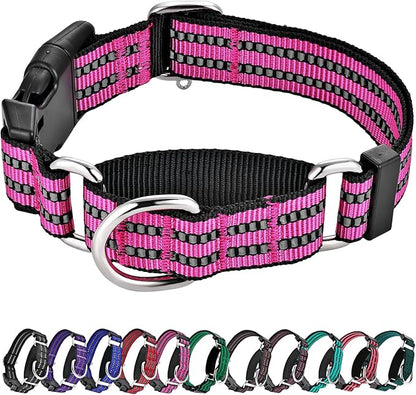 Hikiko Martingale Dog Collars Reflective Nylon Dog Collar with Quick Release Buckle Adjustable Training No Slip Dog Collar (Medium, Pink)