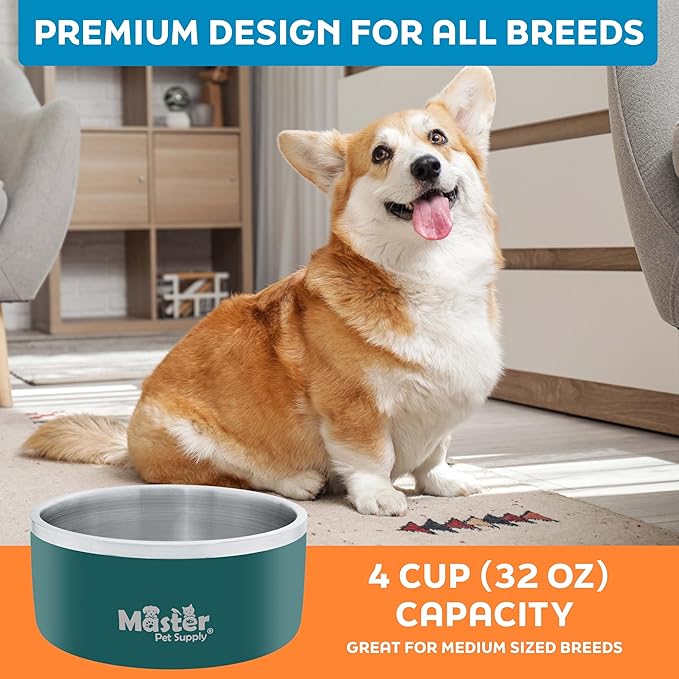 Master Pet Supply Stainless Steel Dog Bowls - 32 oz, Heavy Duty - Emerald Sea, Double Wall Extra-Thick Insulated, Non-Slip Pet Water Bowl for Dogs, Cats & Pets, Anti Rust Metal, Dish Washer Safe