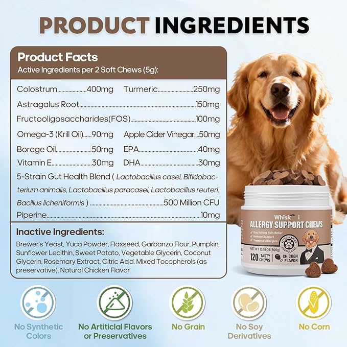 Dog Allergy Relief Chews Immune Support for Dogs with Probiotics for Itchy Skin and Hot Spots Allergies Relief, Paw Licking, Dry Skin & Coat Supplement Itching Relief Bites - 120 Ct
