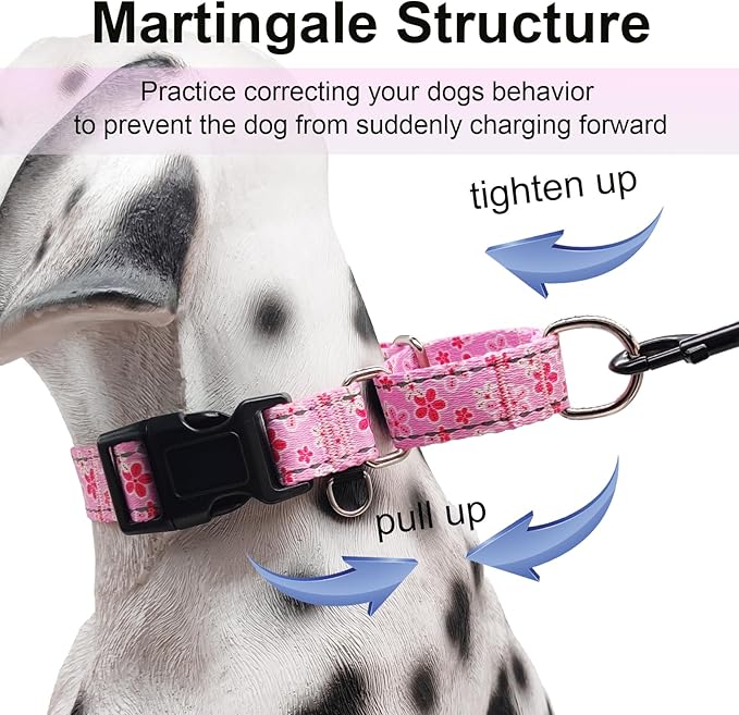 Reflective Martingale Collar for Dogs with Quick Release Buckle Cute Girl Female Flower Dog Collars (Pink Floral, Small)