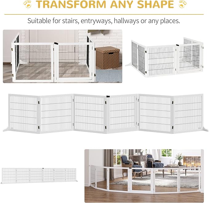 Wooden Dog Gate, 170" Freestanding Pet Gate, 6-Panel Foldable Dog Safety Barrier with 2 Support Feet for House Doorway Stairs, Small and Medium Dogs, White