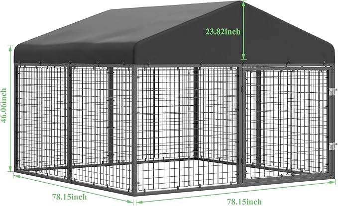 Petony Large Outdoor Dog Enclosure,Heavy Duty Dog Cage with Roof,Galvanized Steel Dog Kennel Fence with Double Safety Locks(6.56'x 6.56')