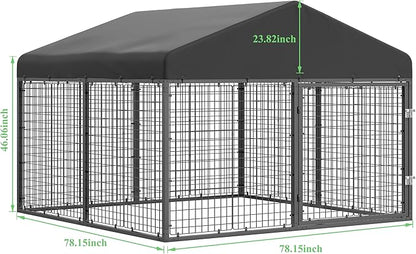 Petony Large Outdoor Dog Enclosure,Heavy Duty Dog Cage with Roof,Galvanized Steel Dog Kennel Fence with Double Safety Locks(6.56'x 6.56')