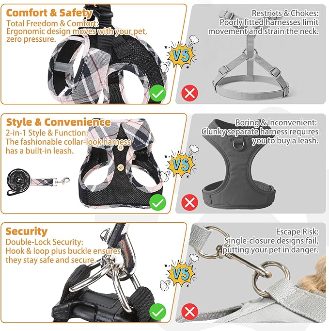 KOOLTAIL Small Dog Harness and Leash Set, Cute Puppy Harness, Step in No Pull Soft Mesh Pet Vest Harness Collar for Small Size Dogs Cats Boy Girl, Plaid Dog Halters for Outdoor Walking, Beige XS