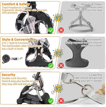 KOOLTAIL Dog Harness and Leash Set, Cute Dog Harness Medium Sized Dog, Step in No Pull Soft Mesh Pet Vest Harness Collar for Dogs Cats Boy Girl, Plaid Puppy Halters for Outdoor Walking, Beige M