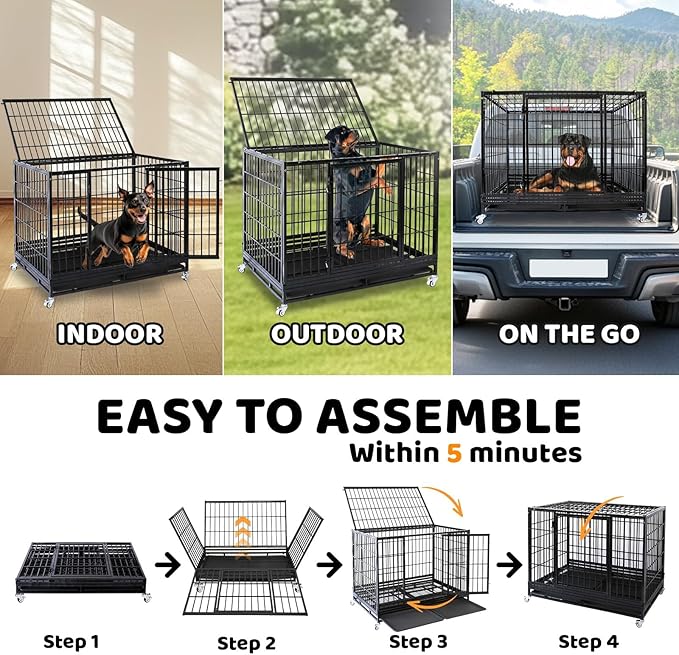 Heavy Duty Dog Crates for Large Dogs, Homey Pet 47 Inch Stackable Large Dogs Cage Kennel Indoor with 4 Lockable Wheels, 2 Trays, Metal Grids, Double Doors, Big Metal Wire Dog Crate