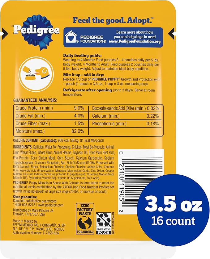 Pedigree Puppy Food Morsels in Sauce, Wet Dog Food Pouches, Chicken Flavor, 3.5 oz. Pouches, 16 Count