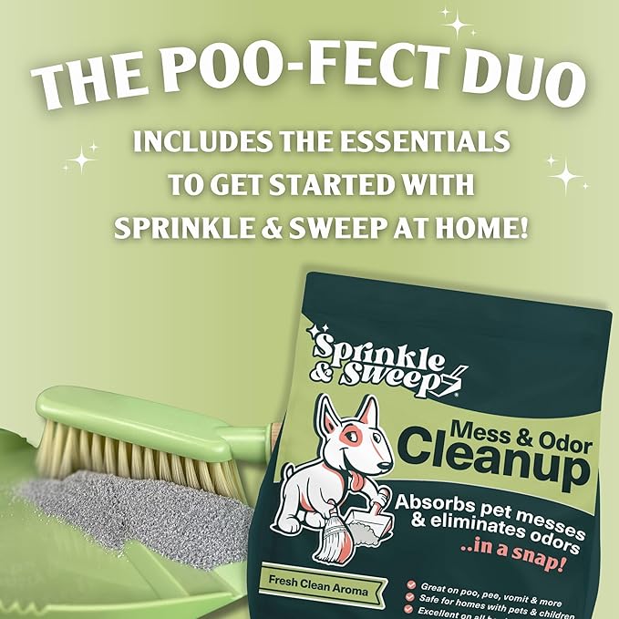 Sprinkle & Sweep: Pet Mess & Odor Cleanup Duo - 15oz Bag & Dustpan Broom - Dog Accident Clumping Powder, Remove Urine-Poop-Vomit from Hard Services