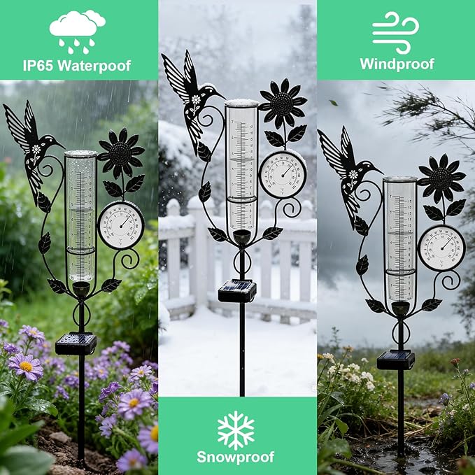 YJFWAL Hummingbird Rain Gauge Outdoor, Decorative Metal Sunflower Solar Rain Gauge with LED Light and Thermometer, Garden Decor for Yard, Lawn, Pathway, Farm