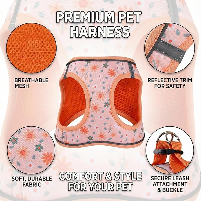 Mihqy Step in Dog Harness and Leash Set, Reflective Adjustable No Pull Dog Harness for Extra-Small/Small Dogs Puppy and Cats, Soft Padded Mesh Vest Harnesses for Girl and Boy Pets(Orange Floral,XS)